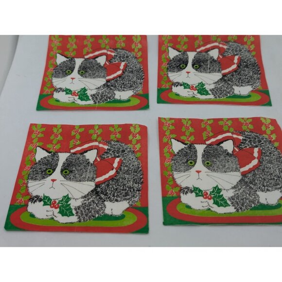 Vth 1981 Cost Plus inc 10 Napkins paper Square Red Cat Holly Christmas READ - Picture 4 of 16